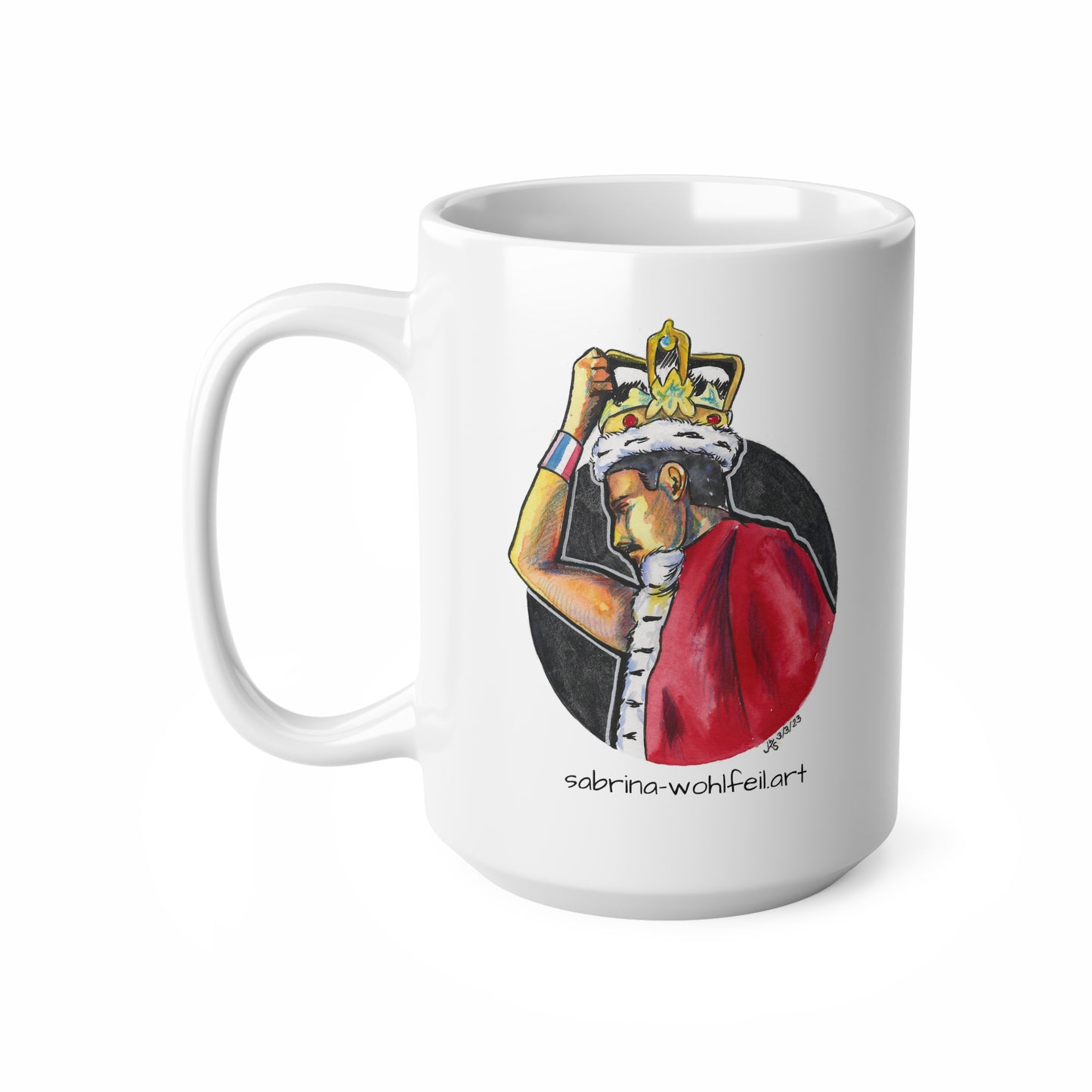 Weiße Keramiktasse mit Freddie Mercury Fanart-Print, in zwei Größen erhältlich, mit glänzender Oberfläche, C-förmigem Henkel, BPA-frei.