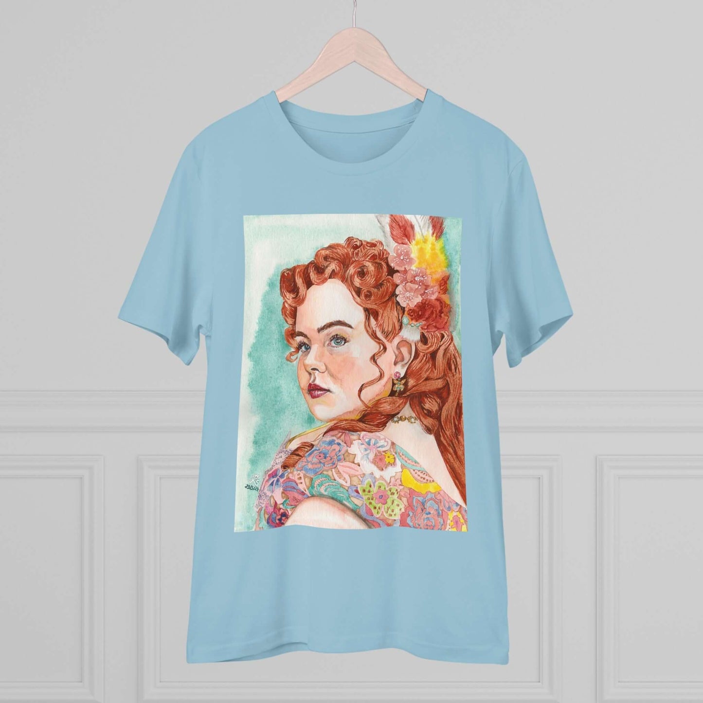 Unisex-T-Shirt mit Aquarell-Porträt von Penelope Featherington, 100% biologische Baumwolle, Rundhalsausschnitt, normale Passform, hellblau.