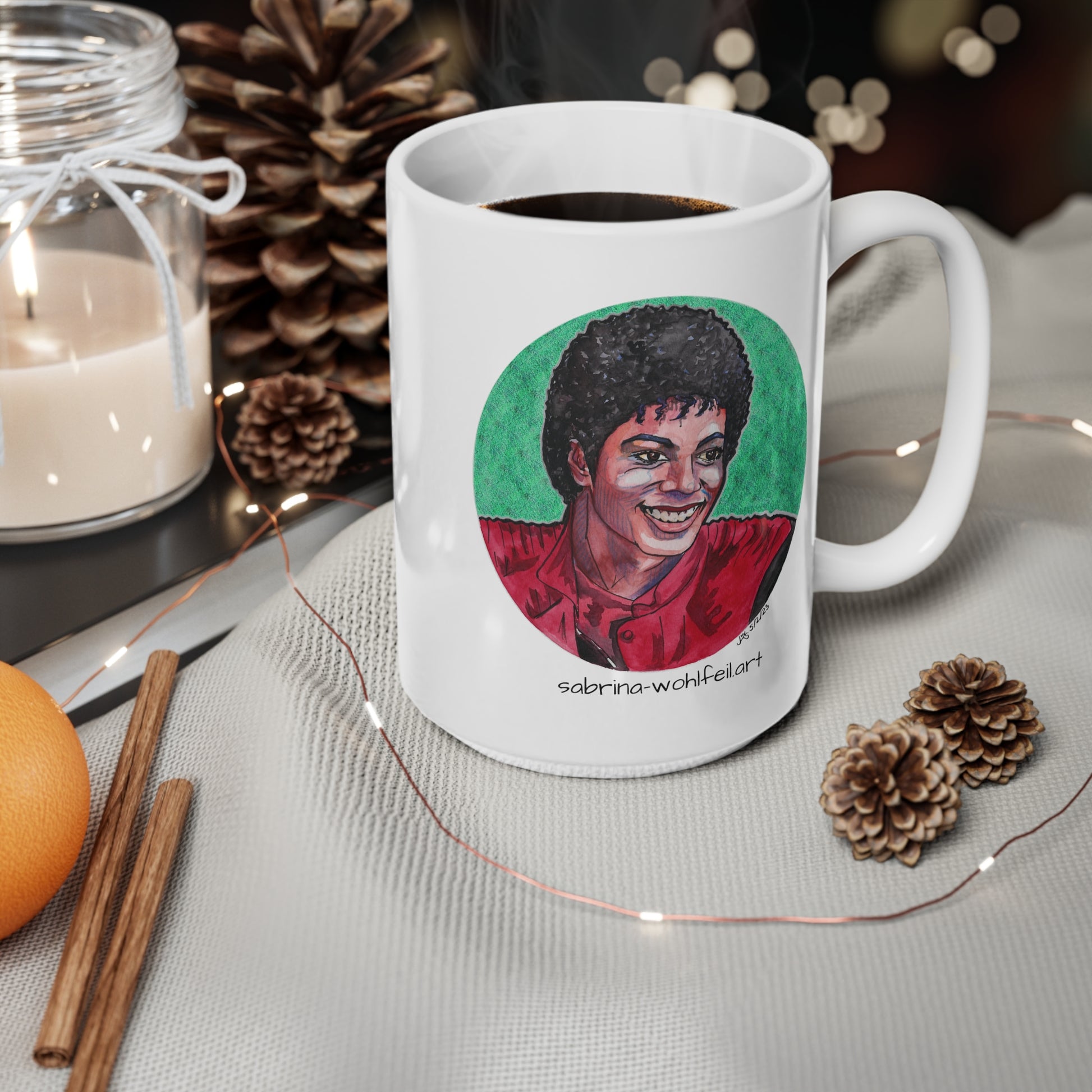 Weiße Keramiktasse mit Aquarellporträt von Michael Jackson, King of Pop, 330ml oder 440ml, glossy Finish, BPA-frei, spülmaschinenfest