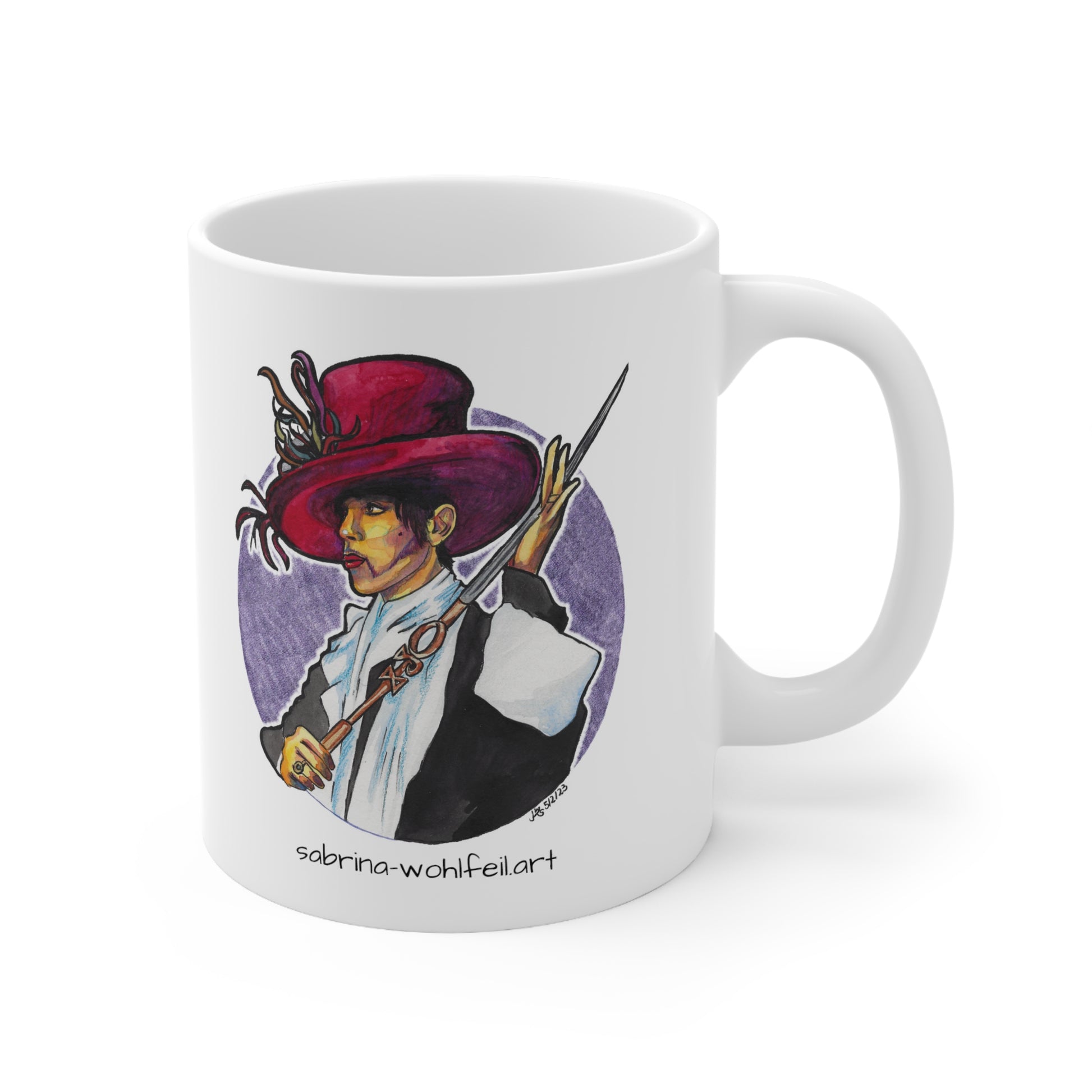 Weiße Keramiktasse mit Aquarell Porträt von Musiker Prince in ikonischem, extravaganten Outfit. Erhältlich in 2 Größen, glossy Finish.