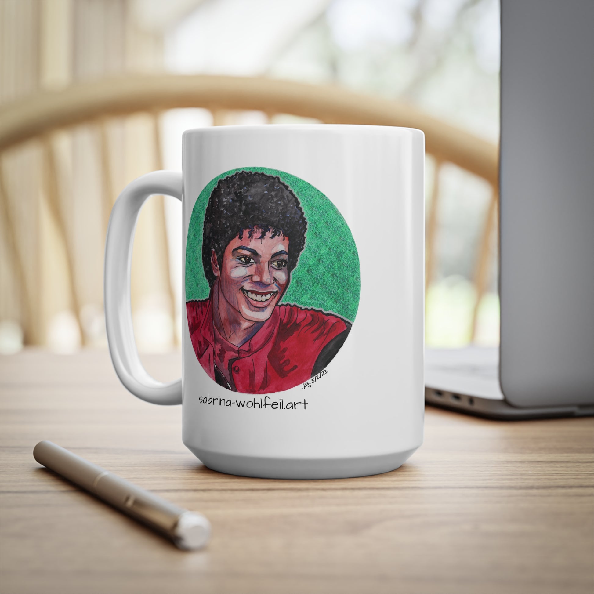 Weiße Keramiktasse mit Aquarellporträt von Michael Jackson, C-förmiger Henkel, 330 oder 440ml, glänzendes Finish, Musikfan-Geschenk.