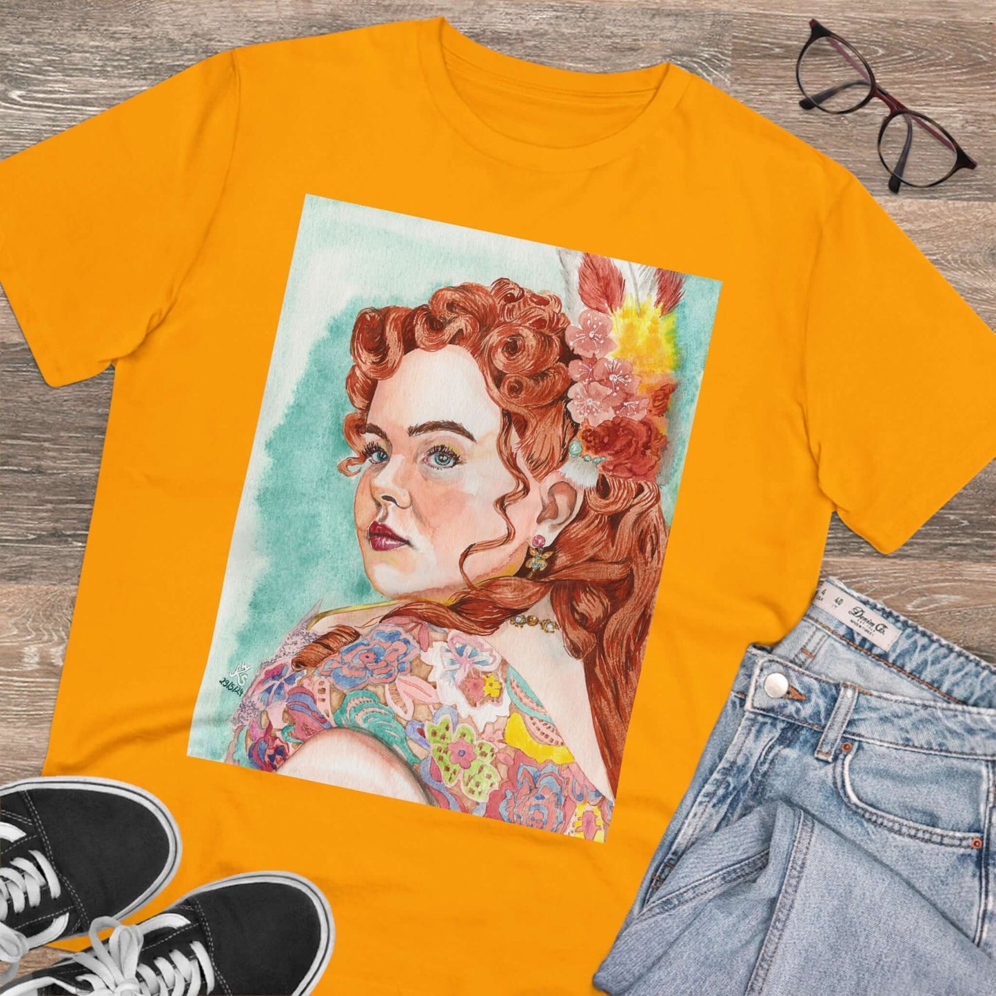 Unisex-T-Shirt "Penelope Featherington" aus 100% biologischer Baumwolle mit aquarelliertem Porträt und Rundhalsausschnitt