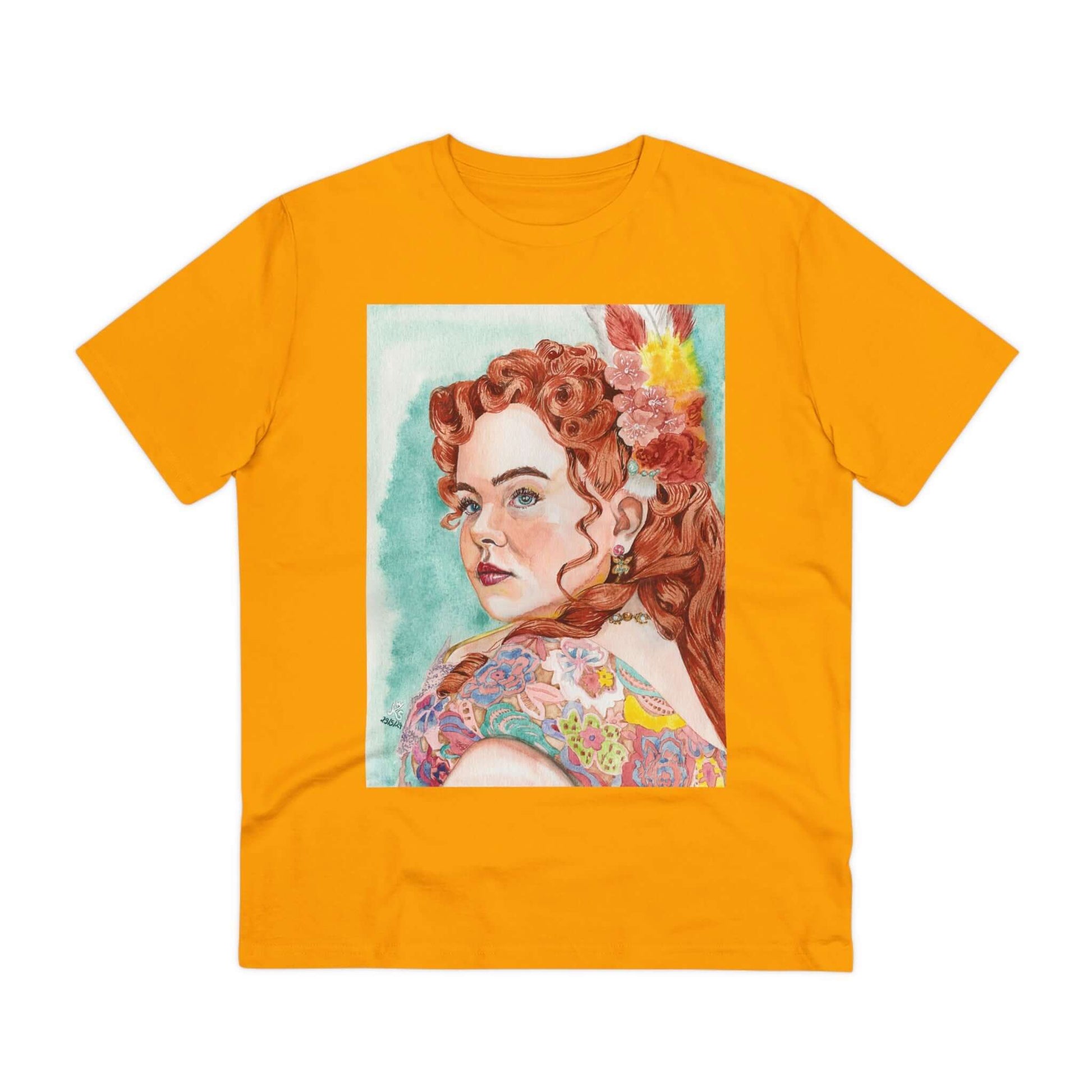 Unisex-T-Shirt mit Aquarell-Porträt von Penelope Featherington aus 100% biologischer Baumwolle in leuchtendem Orange.