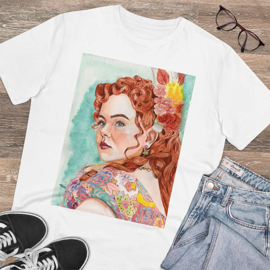 Unisex-T-Shirt mit Porträt von Penelope Featherington aus Bridgerton, 100% biologische Baumwolle, Rundhalsausschnitt, Aquarellprint.