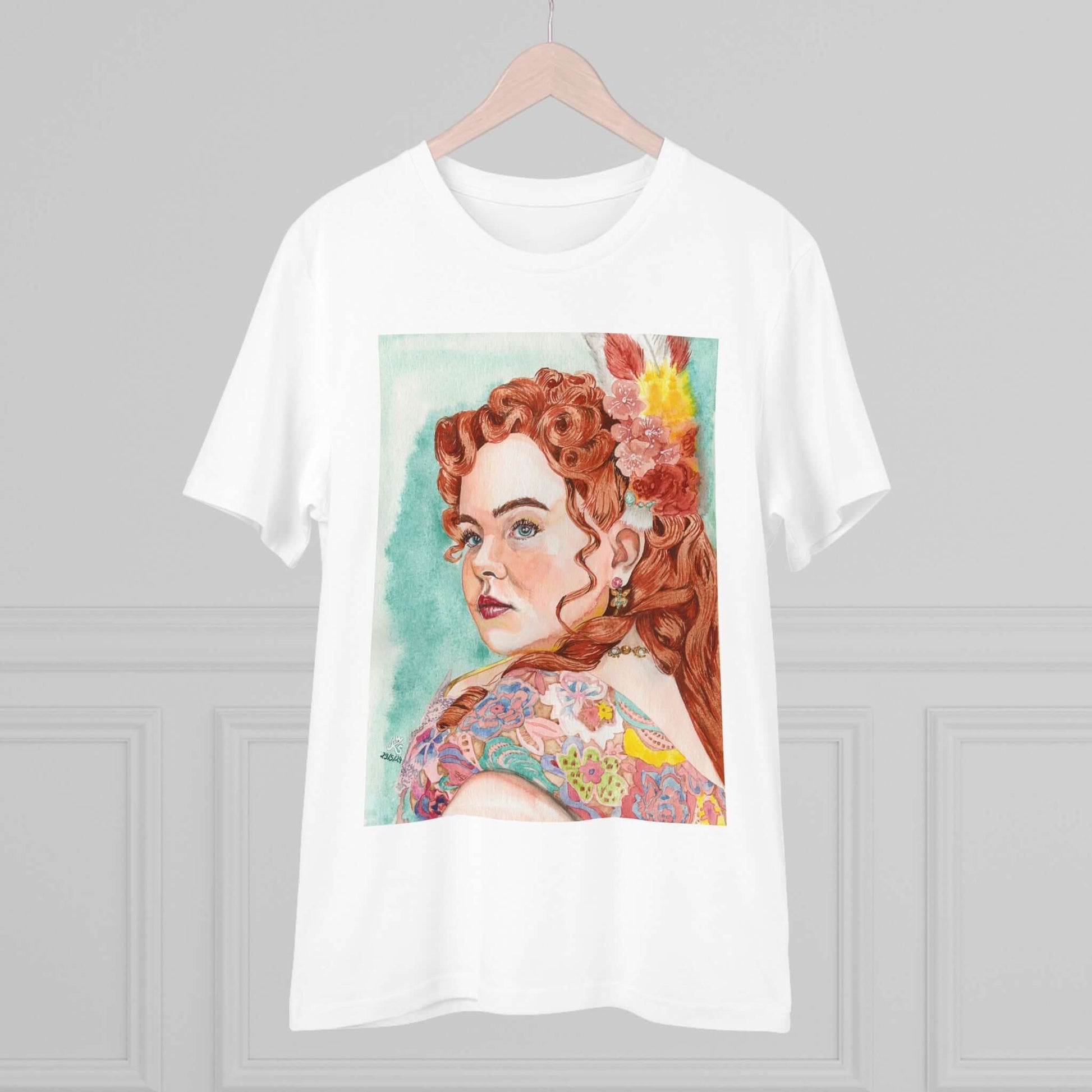 Unisex-T-Shirt mit Aquarell-Porträt von Penelope Featherington aus 100% biologischer Baumwolle, Bridgerton inspiriert, weiß, Rundhalsausschnitt