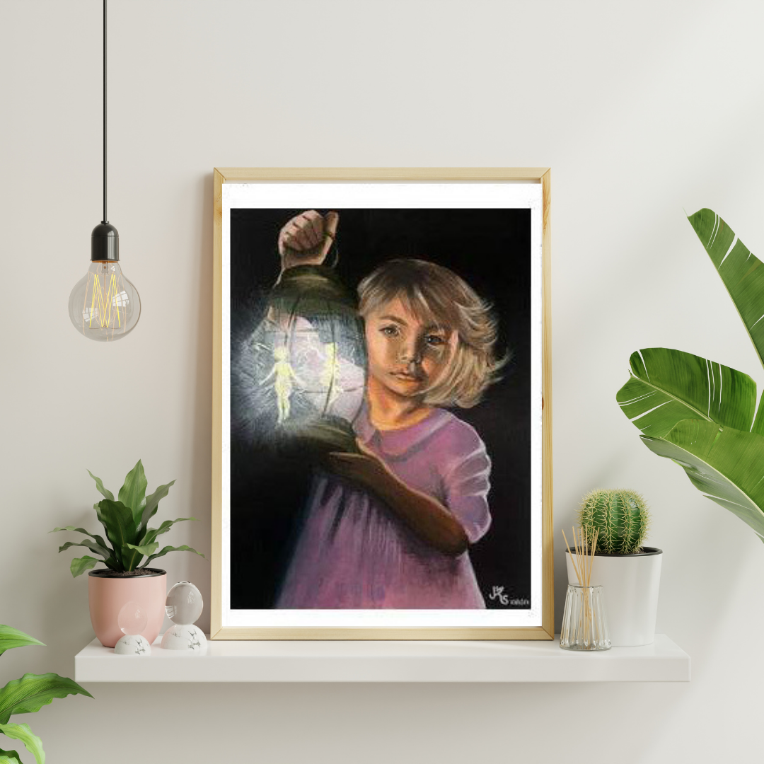 Limited edition "Free Your Magic" Fine Art Print Giclée Kunstdruck by artist Sabrina Wohlfeil, featuring a child holding a lantern.