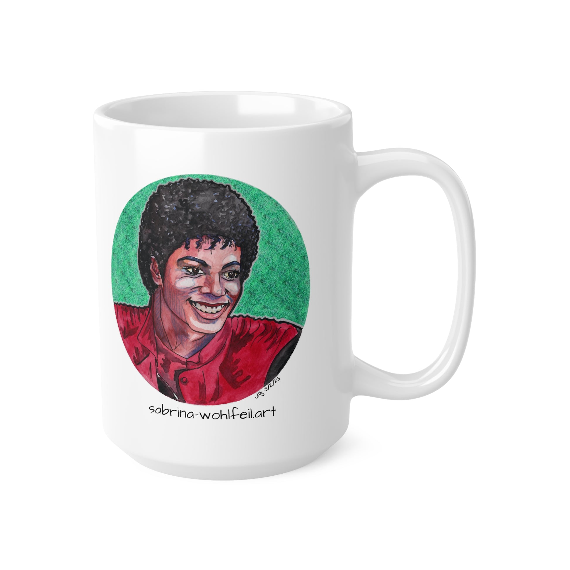 Weiße Keramiktasse mit Aquarellporträt von Michael Jackson, King of Pop, glänzende Oberfläche, C-förmiger Henkel, ORCA-Beschichtung