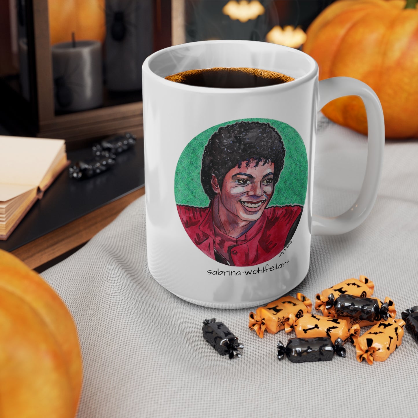 Weiße Keramiktasse mit Aquarellporträt von Michael Jackson, geeignet für Spülmaschine & Mikrowelle, C-förmiger Griff, 80er Musikfan-Geschenk