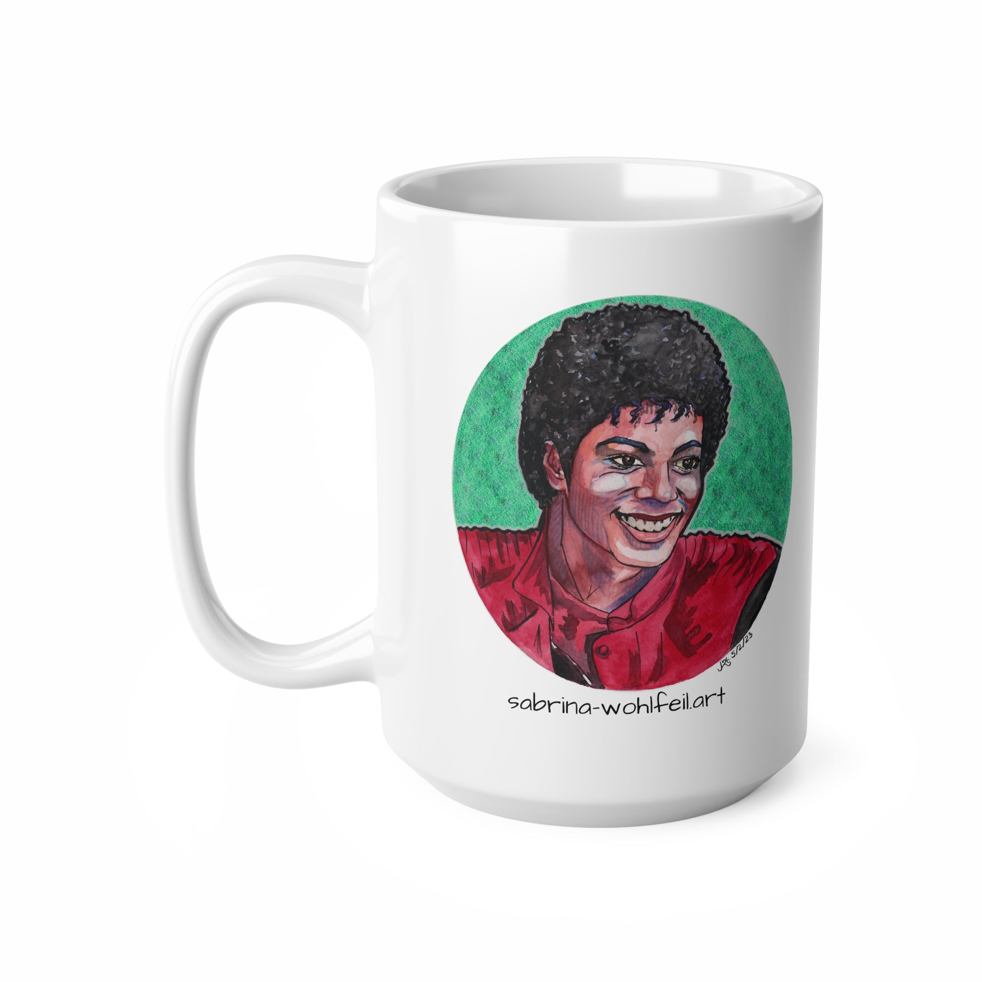 Weiße Keramiktasse mit Michael Jackson Aquarellporträt, glänzendes Finish, 80er Jahre Fanart, spülmaschinen- und mikrowellengeeignet