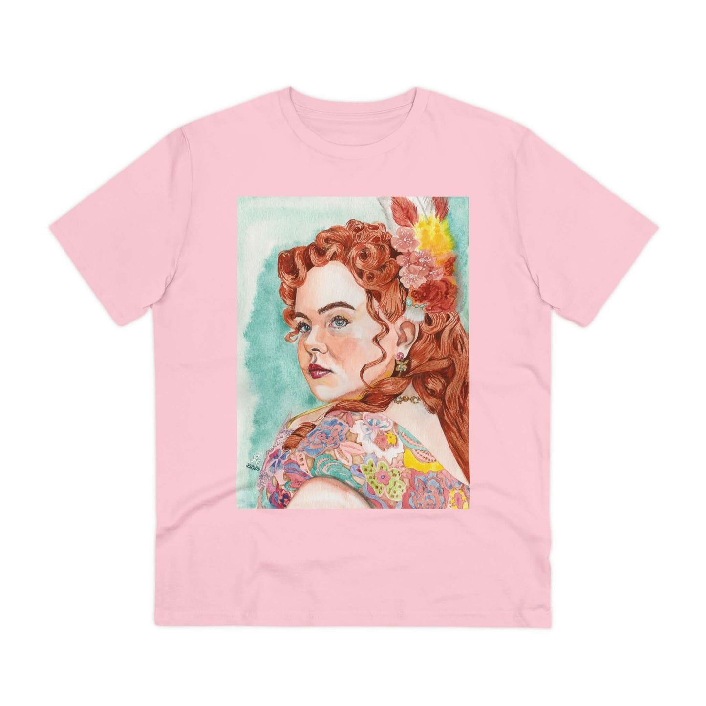 Unisex-T-Shirt "Penelope Featherington" aus 100% biologischer Baumwolle mit Aquarell-Print auf rosa Hintergrund