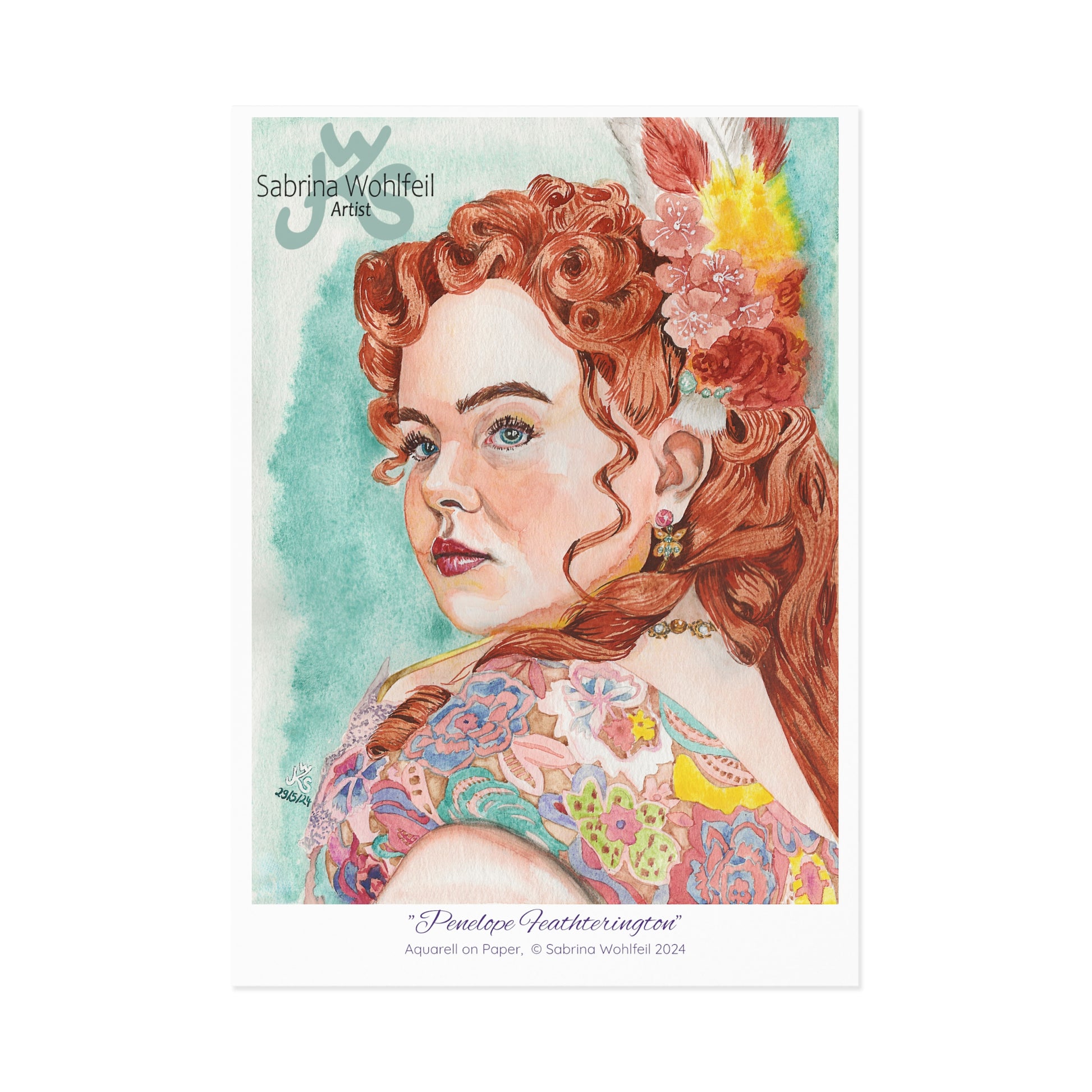 Fine Art Postcard von Sabrina Wohlfeil - Giclée Kunstdruck Aquarellporträt Penelope Featherington, Glossy Finish, 280gsm Fine Art Giclée Paper