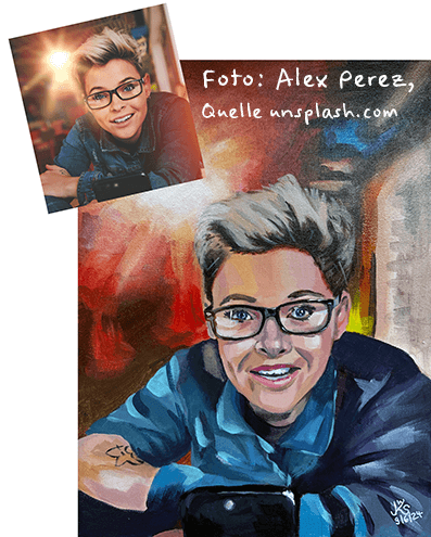 Handgemaltes Acrylporträt nach Foto von Alex Perez, lebendige Farben, Dein Foto als Kunstwerk