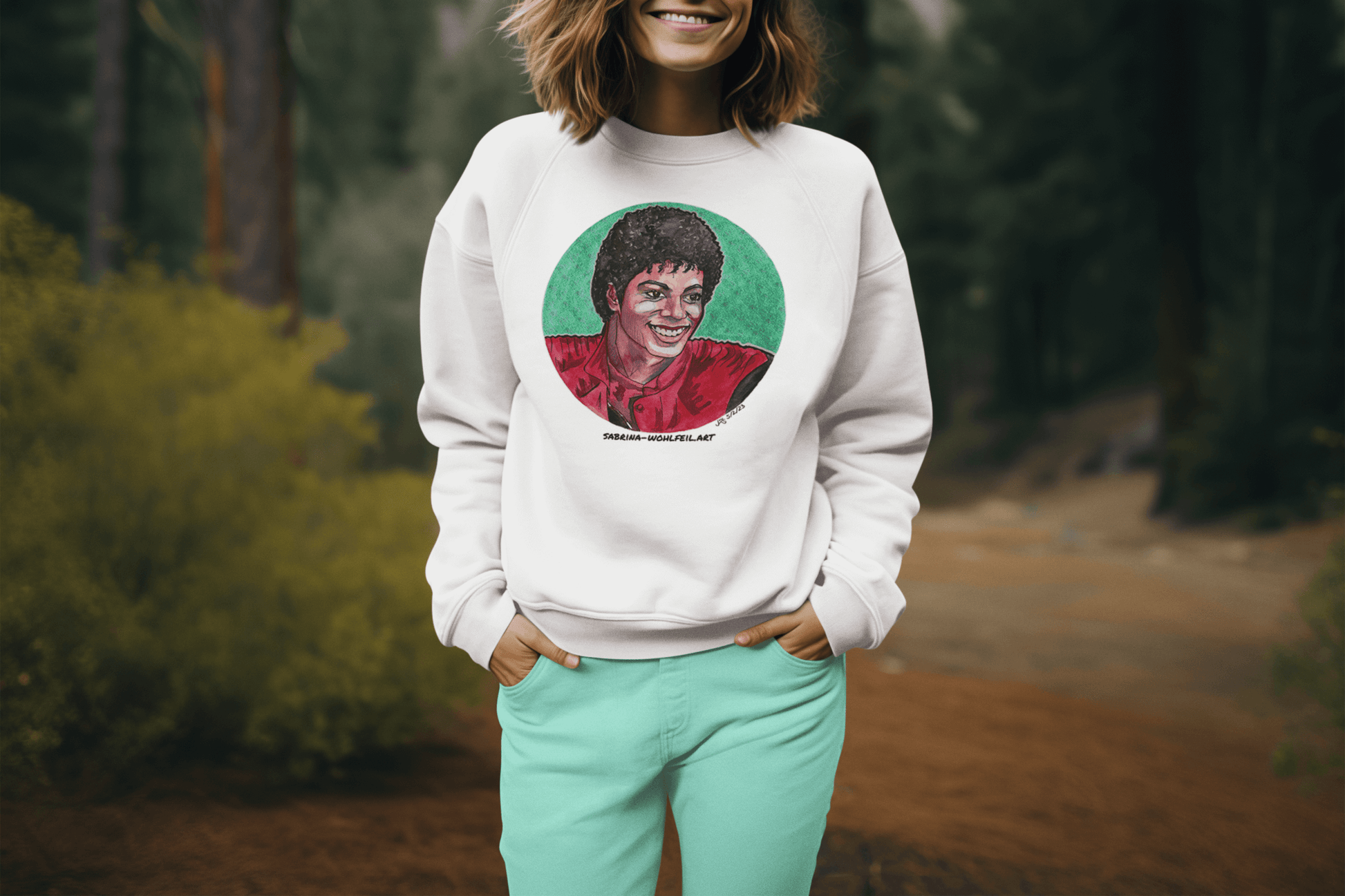 Michael Jackson Aquarell Print Comic Sketch Unisex Sweatshirt von Sabrina Wohlfeil im Wald, Klassischer Rundhalsausschnitt, 80% Baumwolle, 20% Polyester