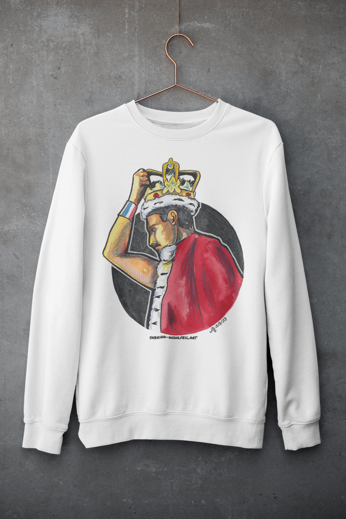 Freddie Mercury Aquarell Print Comic Sketch Unisex Sweatshirt mit Rundhalsausschnitt von Sabrina Wohlfeil, Größen XS-2XL, 80% Baumwolle, 20% Polyester