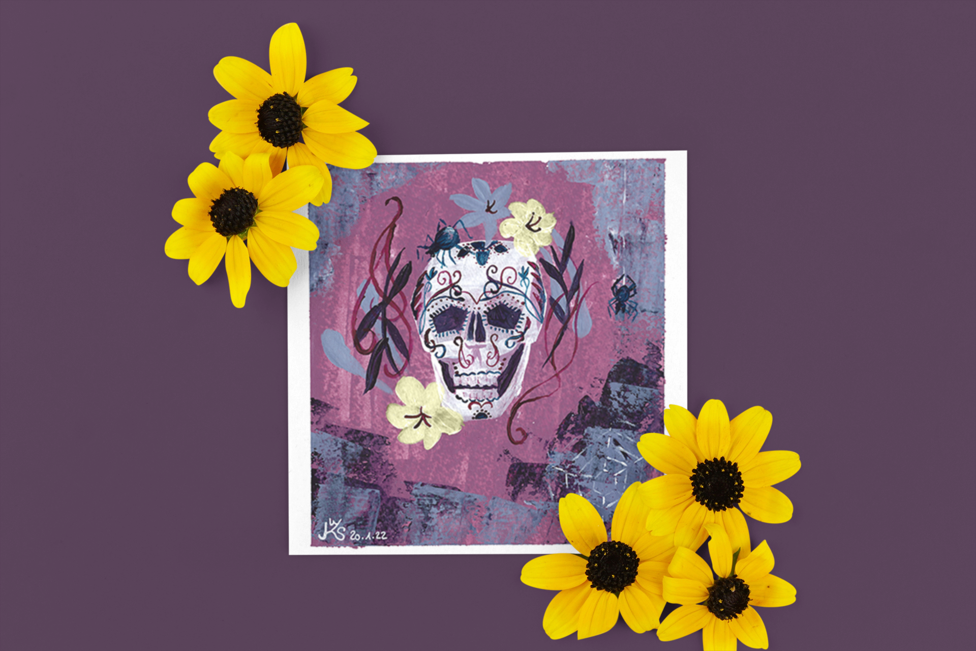 Original Acrylbild Calavera Candy Skull von Künstlerin Sabrina Wohlfeil, Unikat, Halloween Wanddekoration, Exklusive Kunst online kaufen