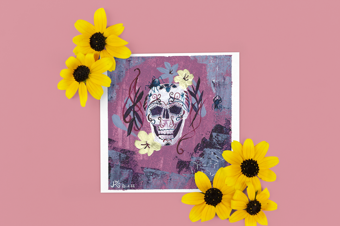 Original Acrylbild von Künstlerin Sabrina Wohlfeil zeigt Calavera Candy Skull auf Künstlerkarton, perfekte Halloween Wanddekoration mit gelben Blumen