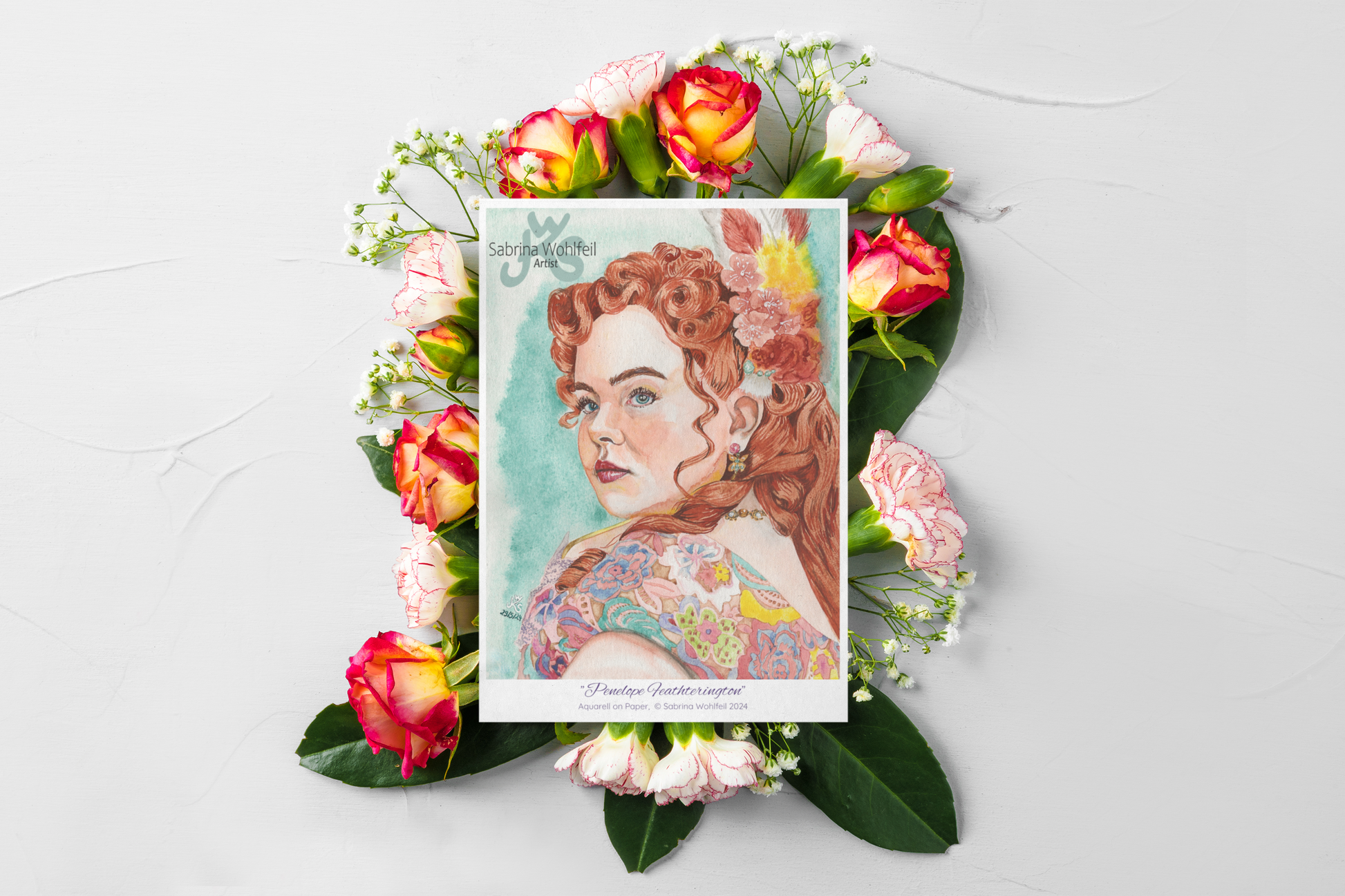 Fine Art Postcard of Penelope Featherington watercolor portrait by Sabrina Wohlfeil, framed with colorful flowers, glossy finish