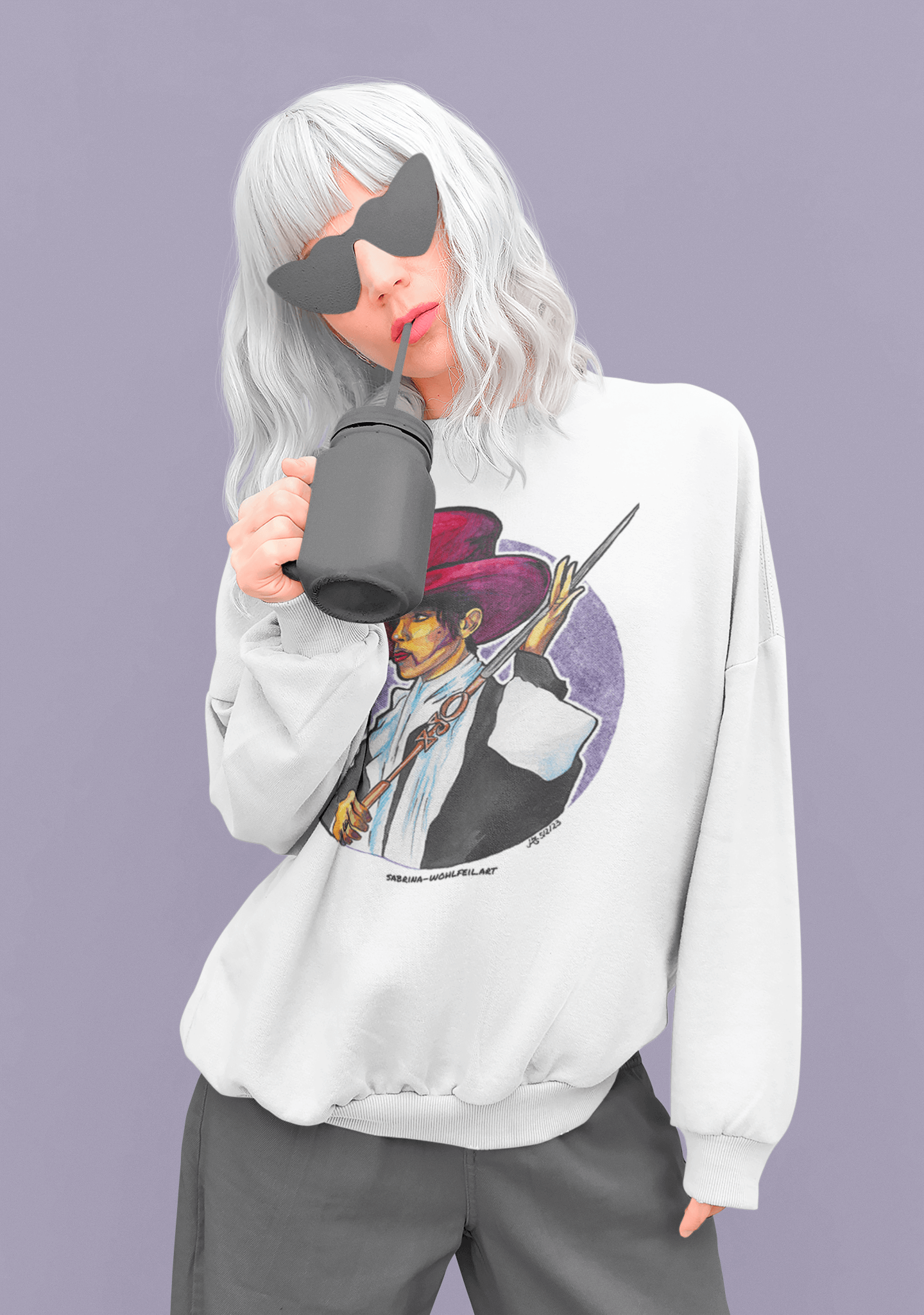 Person wearing Prince - Aquarell Print Comic Sketch pullover by Sabrina Wohlfeil, sipping from a bottle, unisex and classic style.