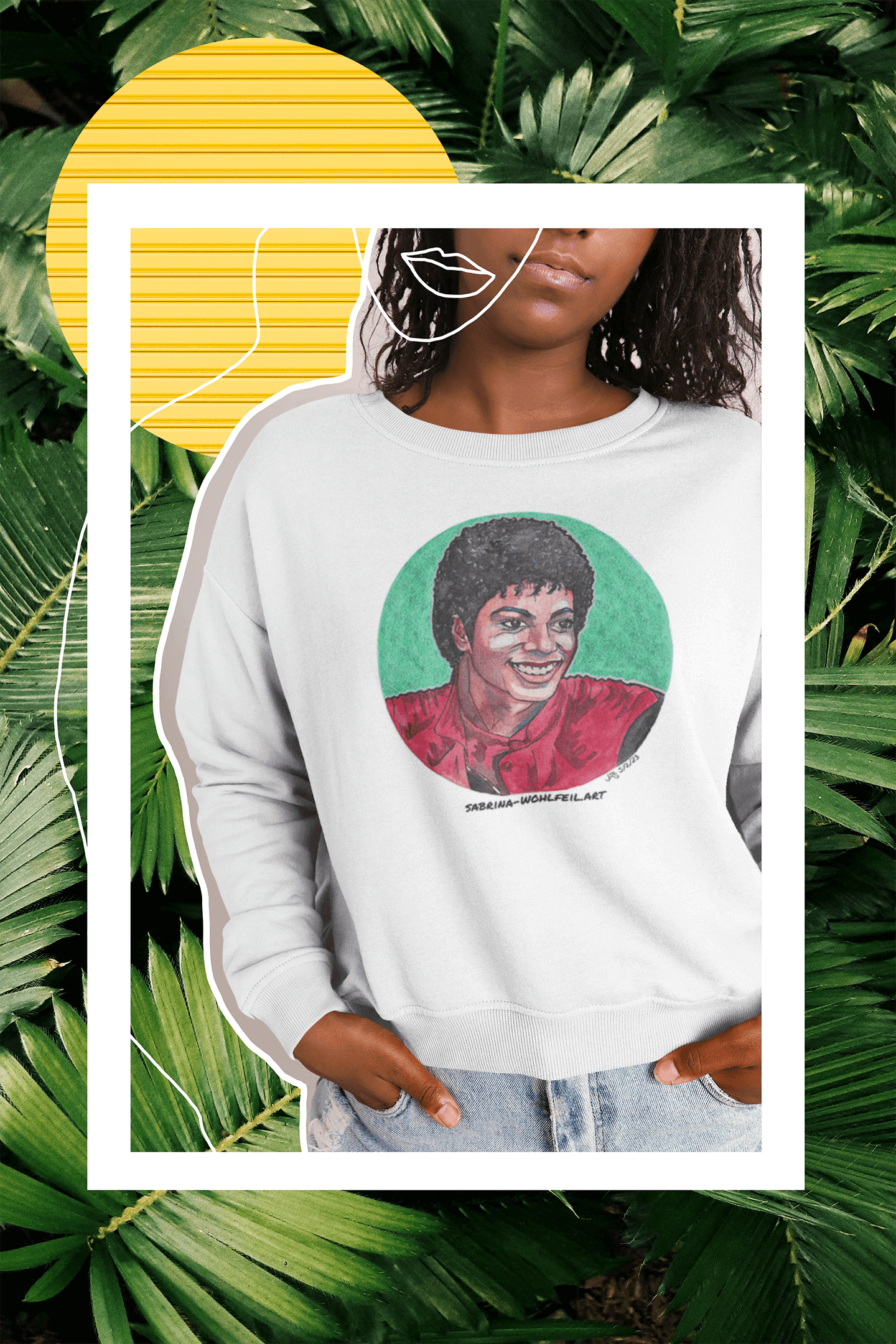 Michael Jackson Aquarell Print Comic Sketch Unisex Sweatshirt mit Rundhalsausschnitt, Art Print von Künstlerin Sabrina Wohlfeil, 80% Baumwolle, 20% Polyester