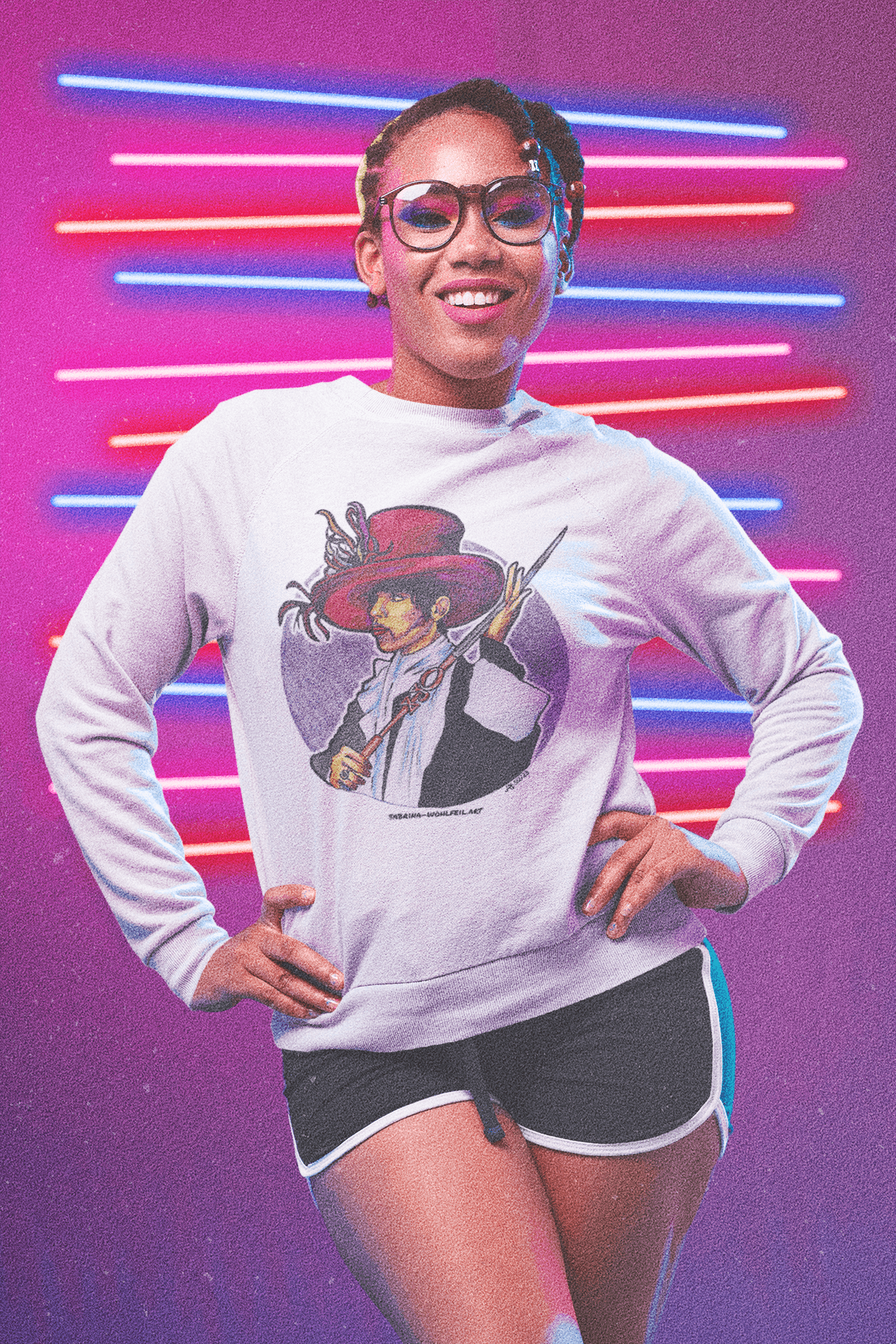 Woman wearing Prince - Aquarell Print Comic Sketch - Klassischer Unisex Pullover mit Rundhalsausschnitt, designed by Sabrina Wohlfeil