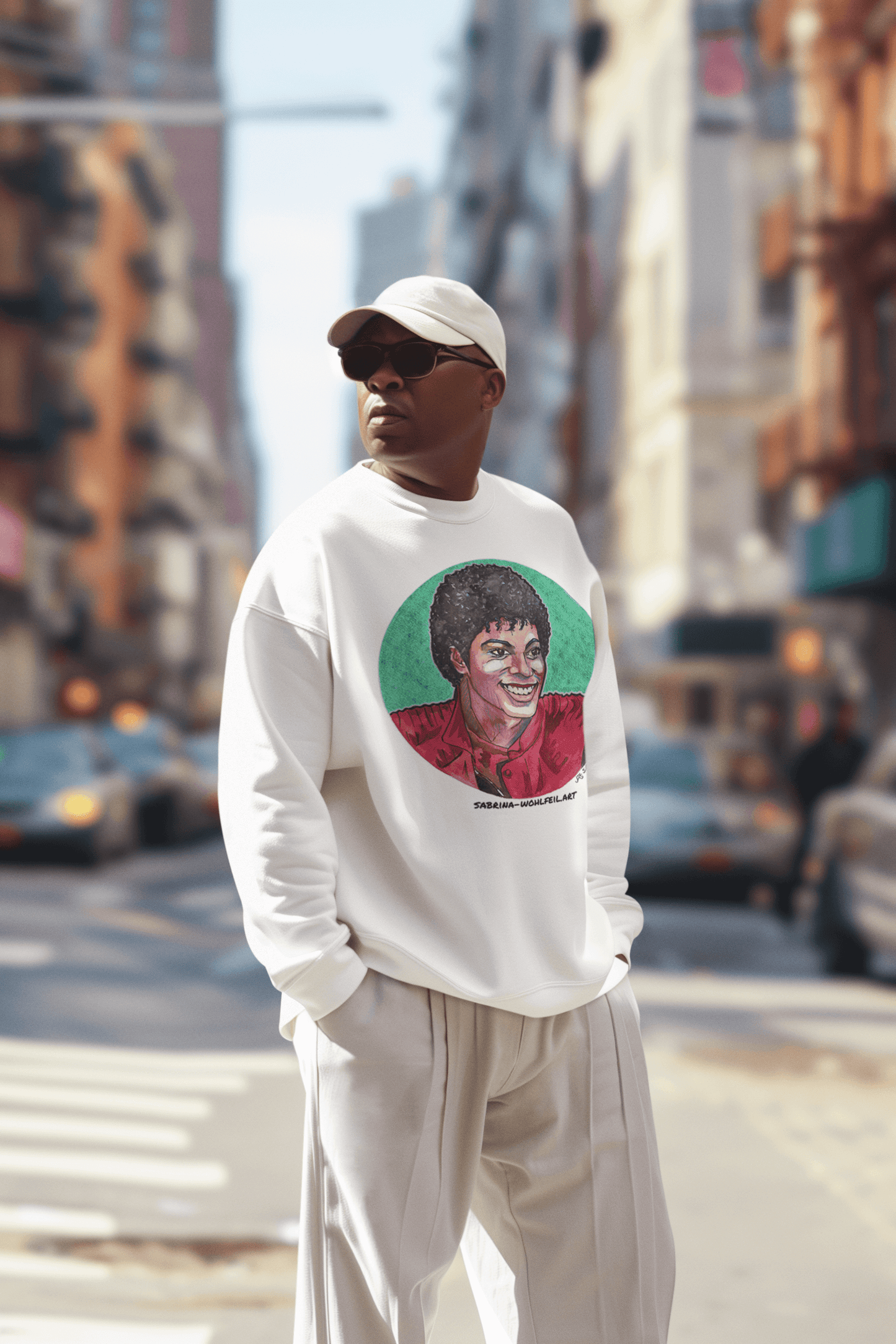 Person wearing Michael Jackson aquarell print comic sketch unisex sweatshirt with round neckline, art by Sabrina Wohlfeil, in city street.