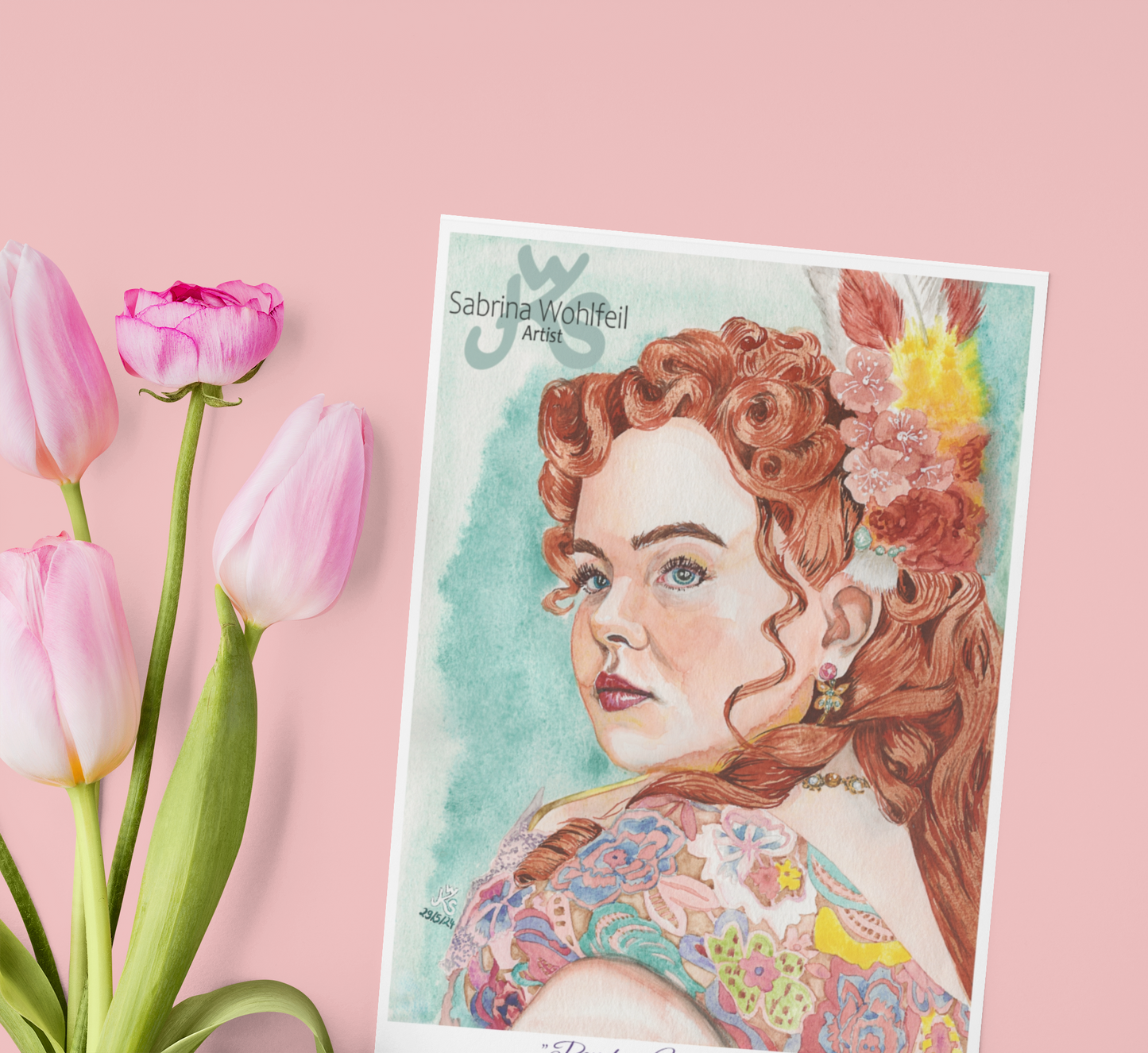 Fine Art Postcard by Sabrina Wohlfeil featuring watercolor portrait of Penelope Featherington, displayed with pink tulips on a pastel background