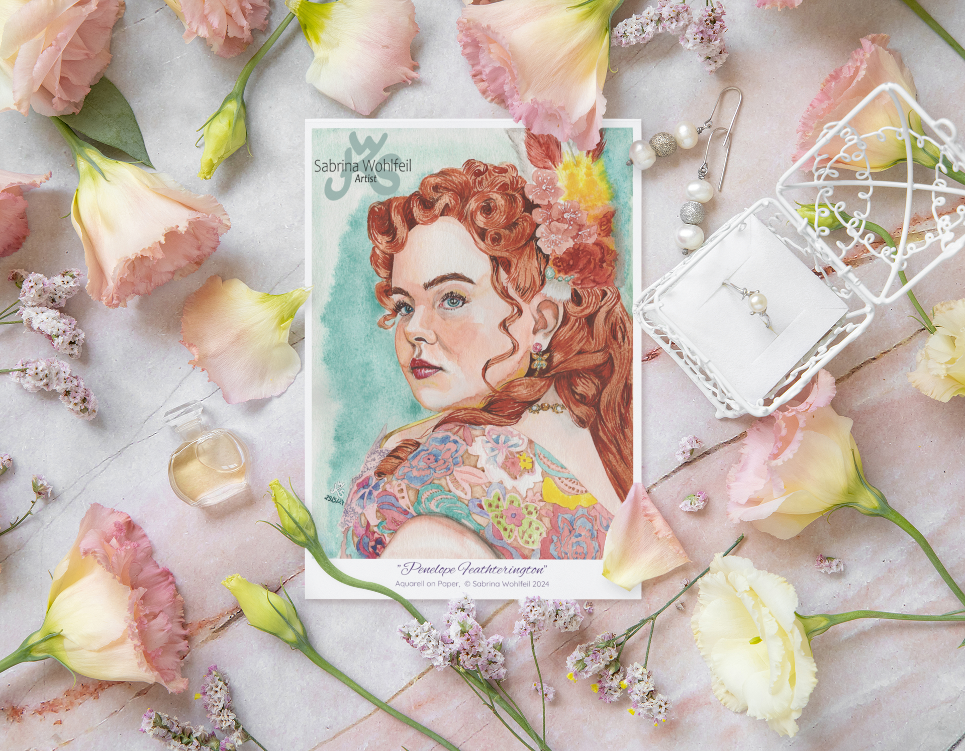 Fine Art Postcard von Sabrina Wohlfeil - Giclée Kunstdruck Aquarellporträt Penelope Featherington surrounded by flowers and jewelry