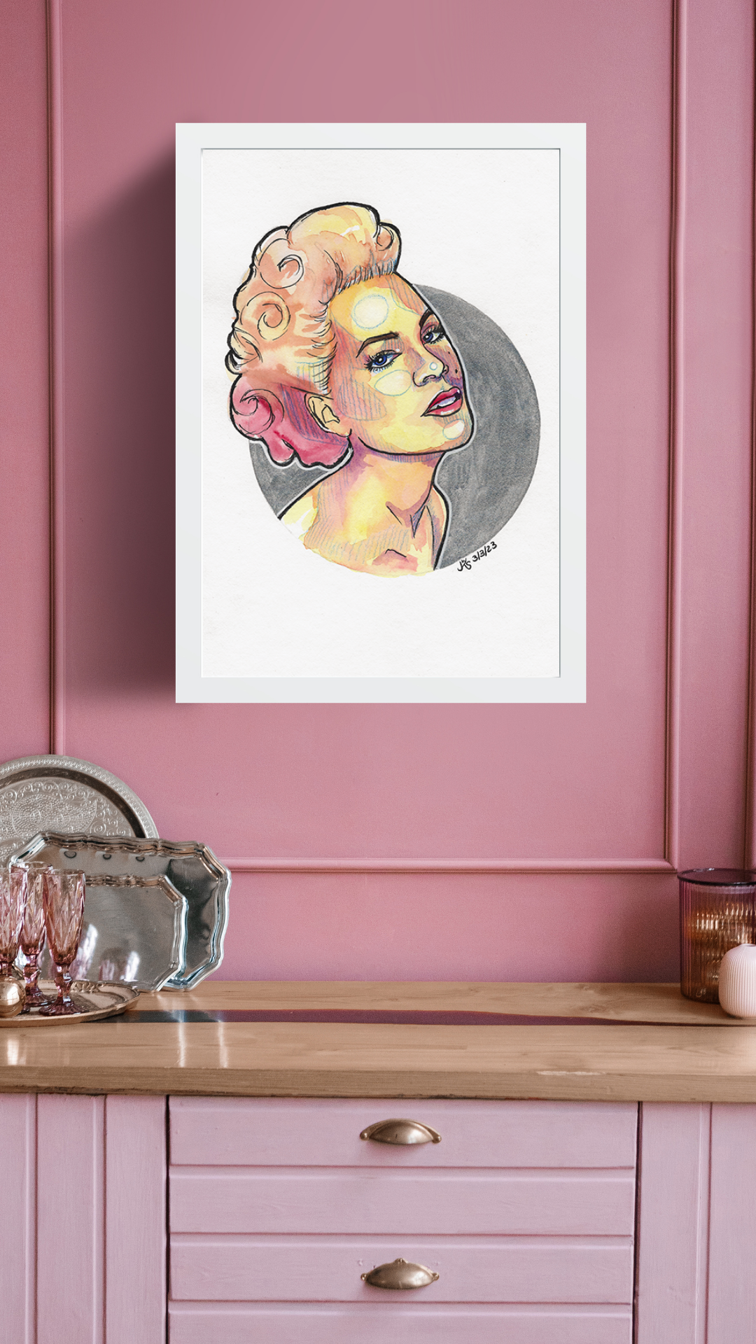 Get the party started - Original Aquarell Porträt Pink Alecia Beth Moore